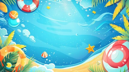 beach view seen from above, cartoon illustration, summer themed card advertising poster banner design