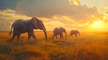 Fototapeta na wymiar Regal elephant family strolling across an expansive savannah bathed in golden light. 