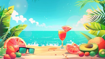 beach scene with fruits and a glass of fresh drink, cartoon illustration, summer themed card advertising poster banner design
