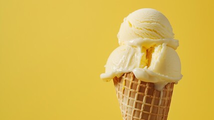 A single scoop of vanilla ice cream in a waffle cone, melting against a bright yellow background.