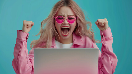 Excited woman celebrating success in front of laptop, Generative AI 