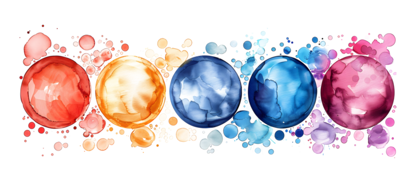 Watercolor colorful bubbles isolated on white and transparent background. Watercolor seamless background. Colorful confetti, cracker, balls, soap bubbles. round abstract spot. Watercolor splash