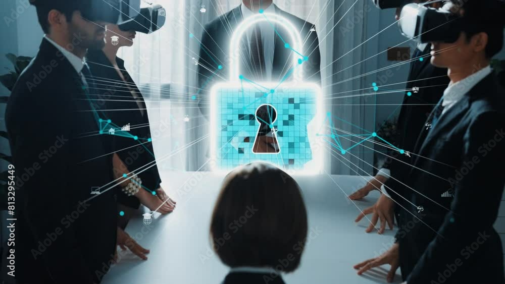 Poster professional business people use vr glass to connect security protection program. diverse start up t
