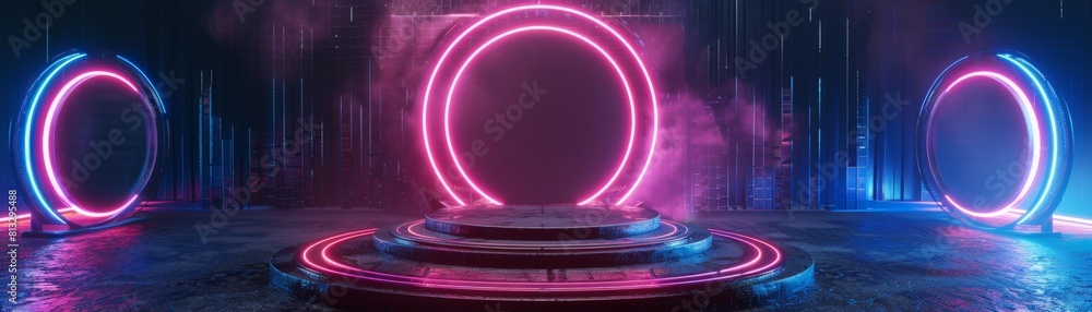 Poster 3d rendering. futuristic podium with glowing neon circles. abstract background with empty stage.