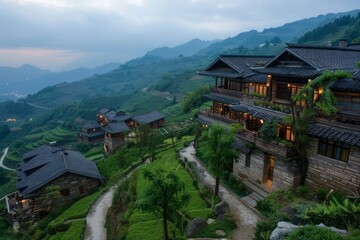 A tranquil Chinese mountain retreat with rustic stone cottages, terraced fields, and winding mountain paths, Generative AI