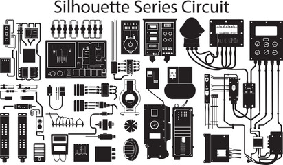 Series Circuit Electric  silhouette set of flat black color vector Art
