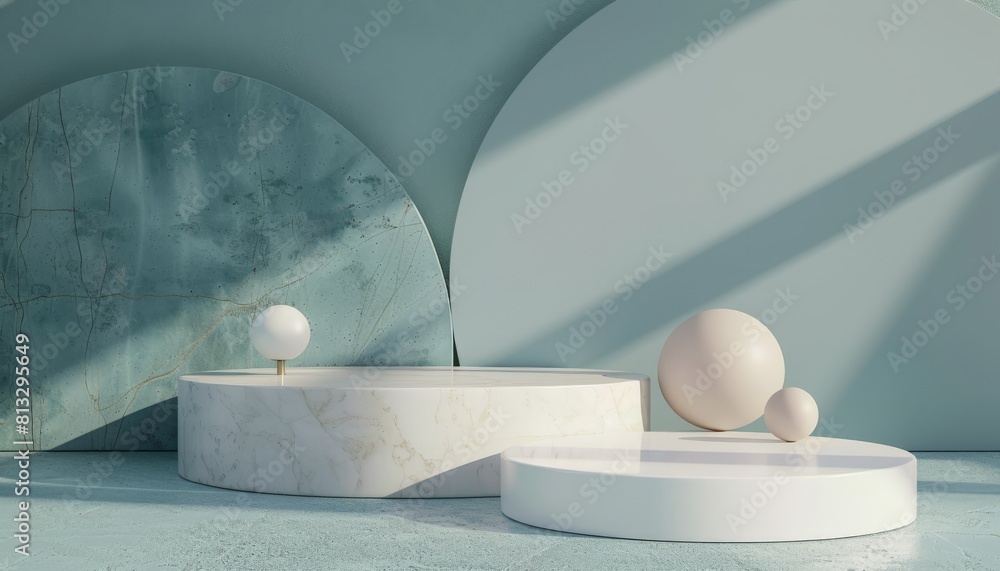 Poster 3d rendering of a product display with podiums and spheres.
