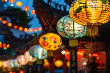 Naklejka premium A vibrant Chinese lantern festival with colorful lanterns lighting up the night sky, illuminating ancient temples and city streets, Generative AI