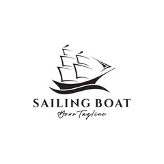 Simple Sailboat Ship in Sea Ocean Wave Sailing Travel Transport logo design