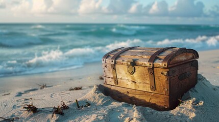 A weathered and old wooden treasure chest, half-buried in the sand on a deserted beach, with waves crashing in the background