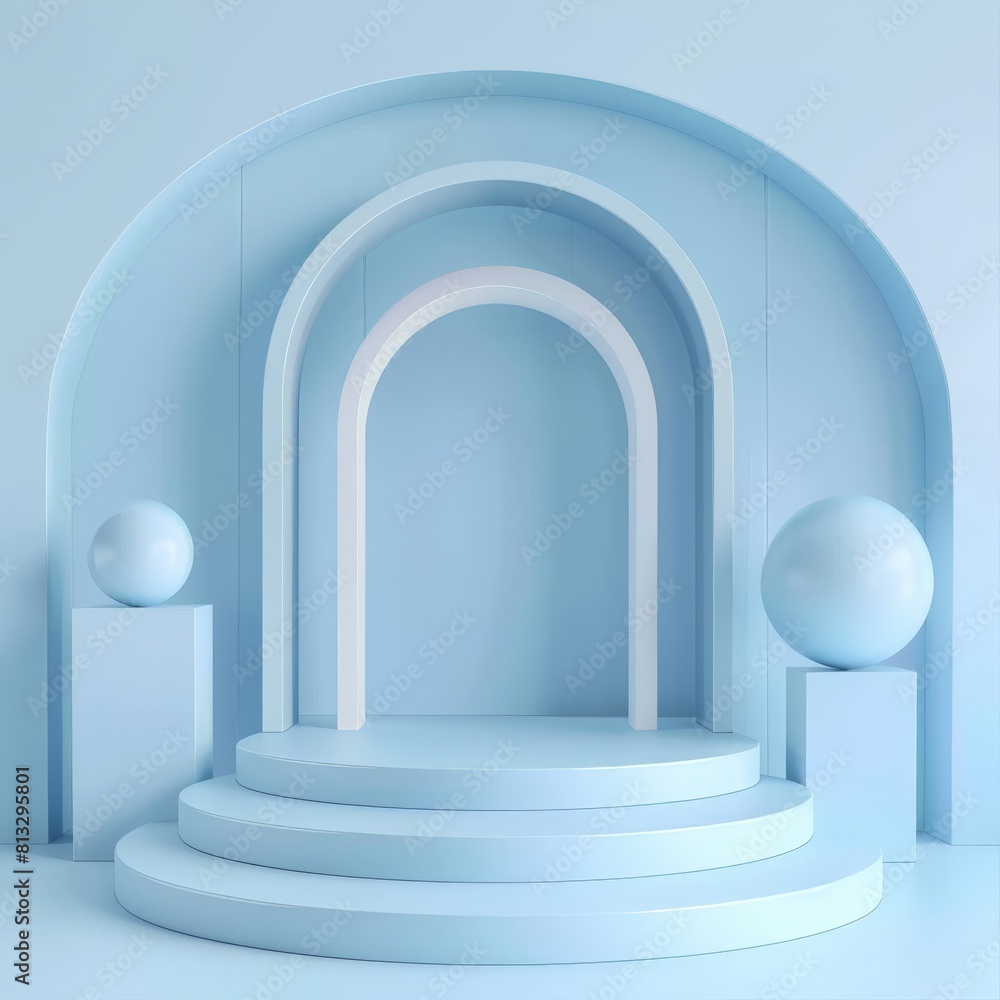 Poster 3d rendering of blue podium minimal scene with podium and geometric shapes.
