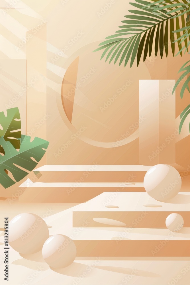 Poster 3d rendering of empty podium with palm leaves for product showcase