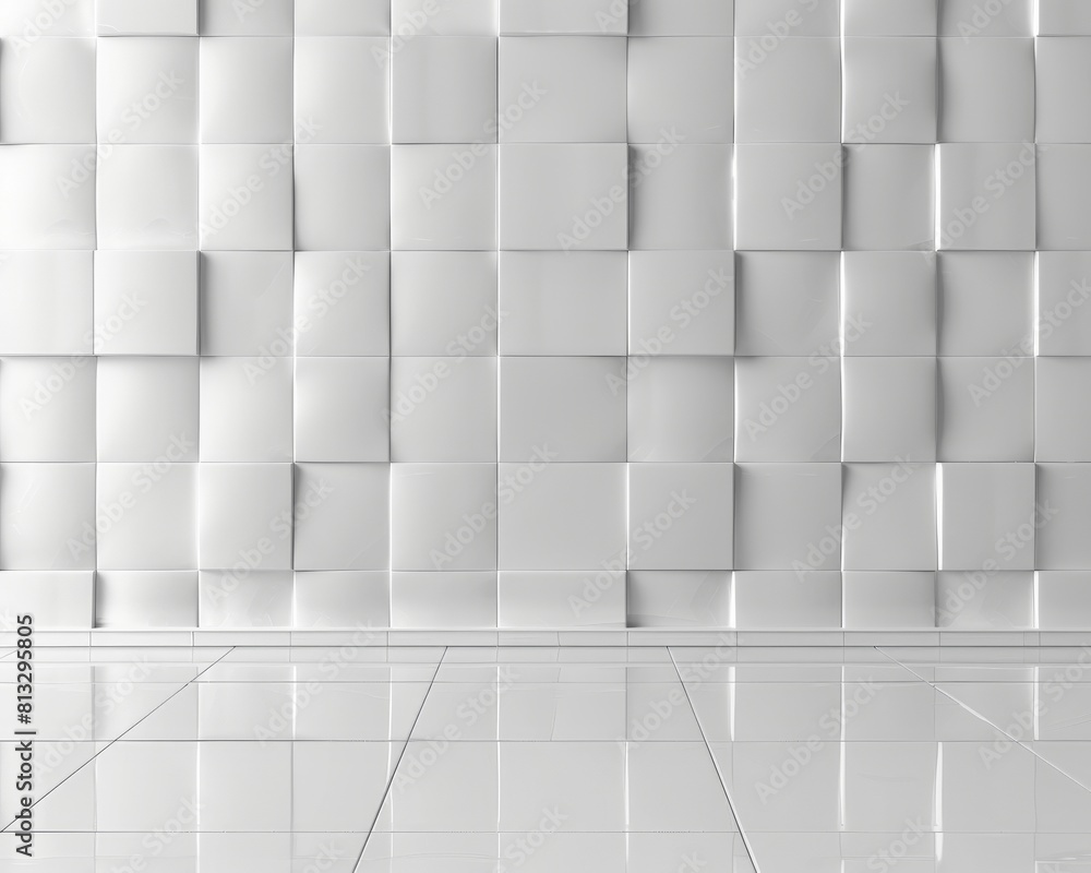 Poster 3d rendering of empty room with tiled floor and white brick wall.