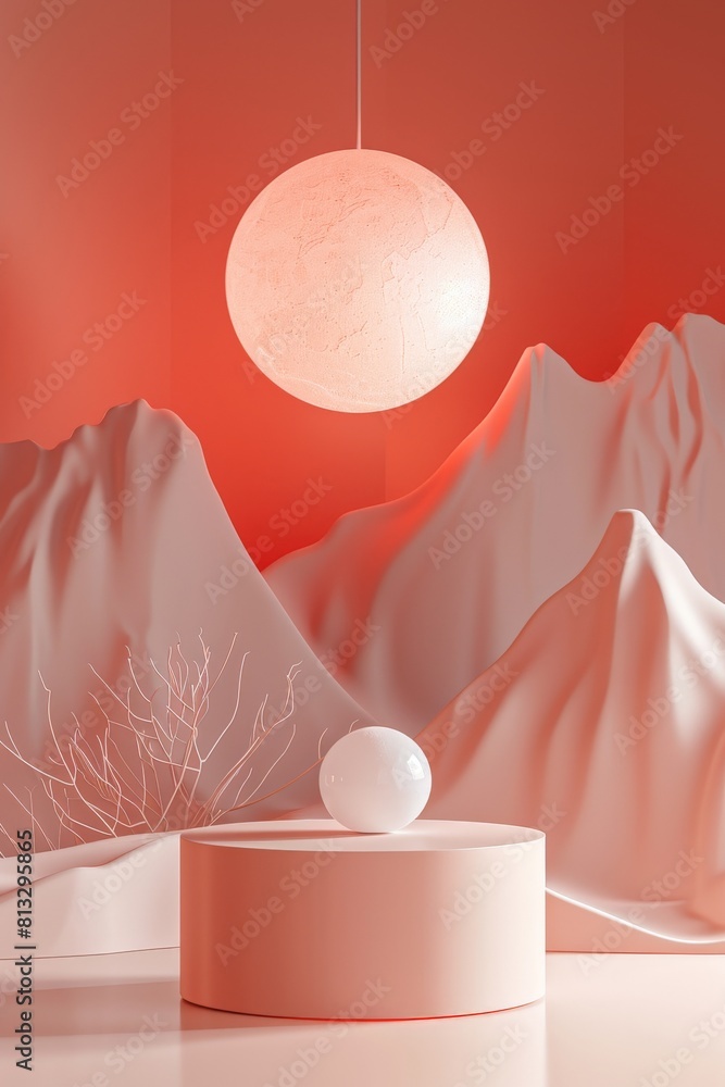 Poster 3d rendering of pink podium with pink and white sphere. minimal abstract background. pedestal for pr