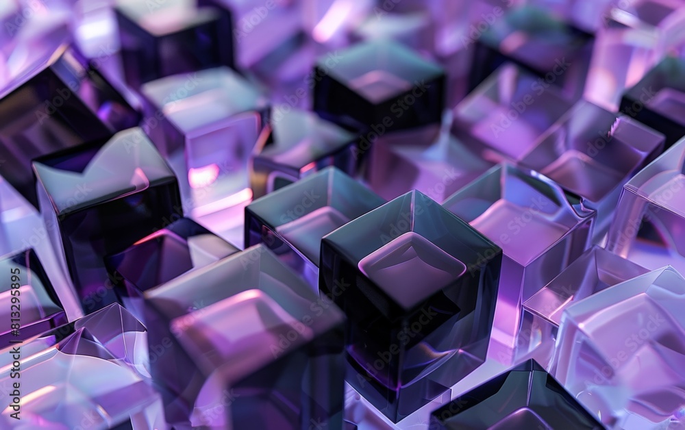 Poster 3d rendering of purple translucent cubes background.