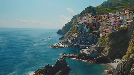 The stunning coastline of Cinque Terre, with its colorful cliffside villages clinging to the rugged...