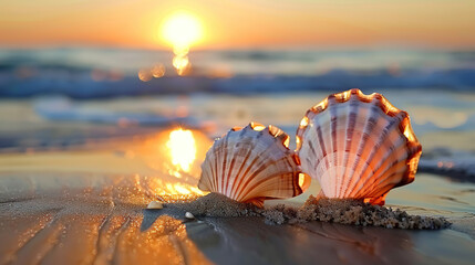 Seashell stack on a tranquil beach at dawn. Landscape photography in the morning. Generative AI