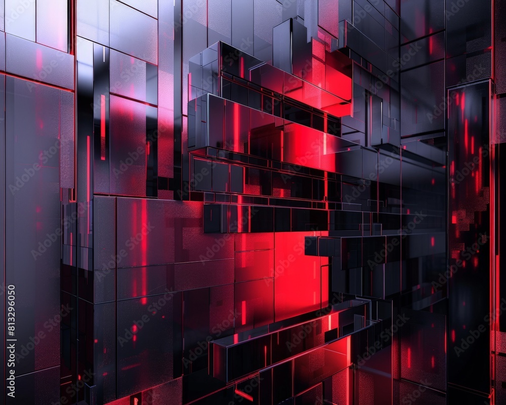 Poster abstract 3d rendering of a geometric structure with red and black colors.