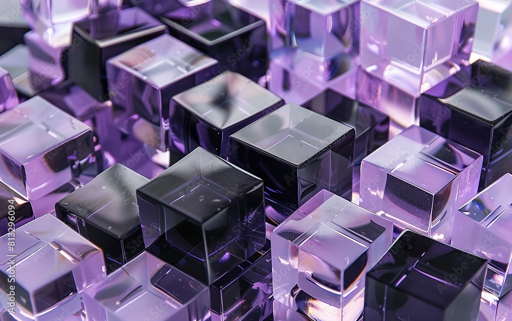 Poster abstract 3d rendering of geometric shapes. violet cubes of different sizes. futuristic background.