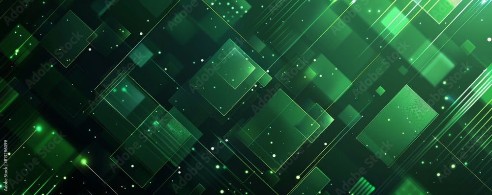 Poster abstract 3d rendering of glowing green squares. futuristic technology background.