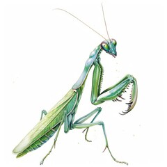 Watercolor painting of a graceful praying mantis poised to strike its prey, on isolated white background, Generative AI