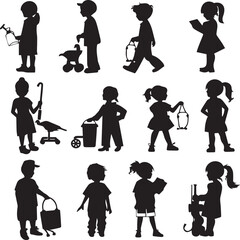 Silhouette Art: Children Playing, Kids with Toys & Lanterns Vector Graphics - Black & White Clip Art Illustration for Design Projects
