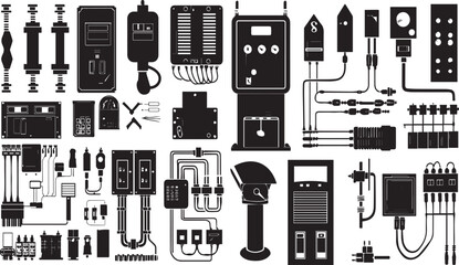 Black and White Vector Illustration of Electrical Components: Circuit Boards, Wires, and Control Panels for Engineering Schematics