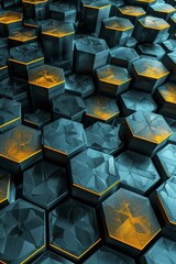 Abstract blue and yellow glowing hexagons background. Futuristic surface.