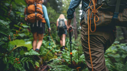 Obraz premium A group of adventurers hiking through a lush, green rainforest, exploring nature with backpacks and walking sticks.