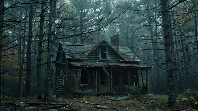 A creepy abandoned cabin in the woods, with no signs of recent habitation, surrounded by tall trees.