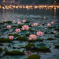 Zoom in on the lotus flowers floating gracefully on the Ganga during Dussehra.
