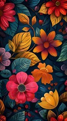 A beautiful floral pattern with a variety of flowers and leaves in shades of red, pink, yellow, and blue. The flowers are arranged in a repeating pattern on a dark background.
