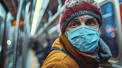 Mature man wearing disposable medical face mask in car of the subway in New York during coronavirus outbreak, Safety in a public place while epidemic of covid-19