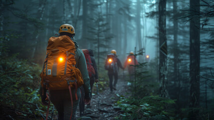 A group of hikers with backpacks walking through a foggy forest, illuminated by headlamps during twilight.