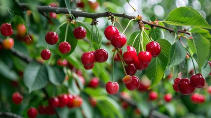 A cherry tree with branches laden with ripe cherries.