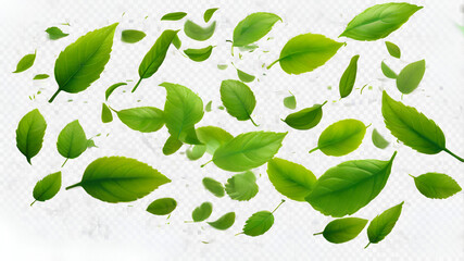 Fresh Green Leaves Floating on a Pure White Background,clean aesthetic, purity, natural beauty, light and airy, simplicity, leaf texture, 
