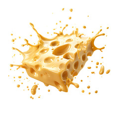 Drip and melt cheese with splash. Isolated slices with liquid yellow sauce. Mouthwatering and indulgent experience evokes the irresistible allure of dripping on white and transparent background