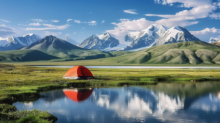 A campsite nestled in a colorful meadow, surrounded by wildflowers and the distant peaks of snow-capped mountains. Generative AI