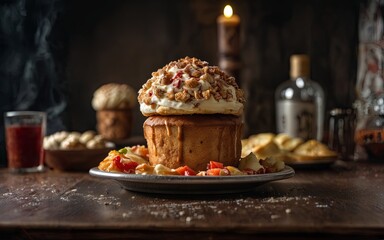 A large cupcake with nuts and cream on top sits on a plate on a wooden table