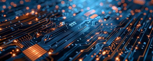 Blue and orange glowing electronic circuit board.