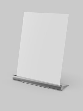 Blank acrylic sign holder display counter top metal stand template, 3d illustration.