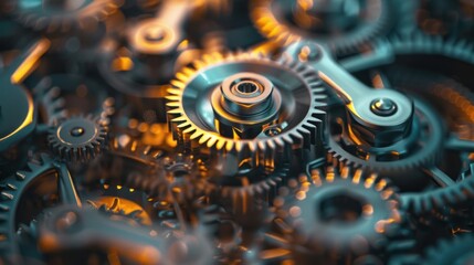 A close up of many gears with a blue and yellow tint.