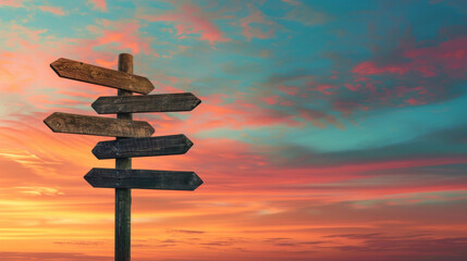 A wooden signpost with four different signs pointing in different directions. The sky is a beautiful orange color, and the signpost is standing alone in the middle of the scene