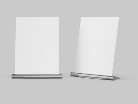 Blank acrylic sign holder display counter top metal stand template, 3d illustration.
