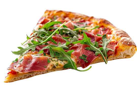 A slice of pizza with arugula and prosciutto on a transparent background