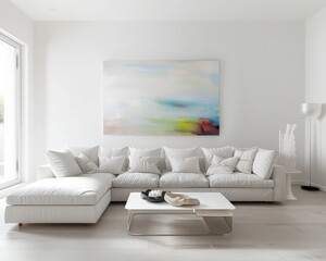 Bright interior of a living room with a large white sectional sofa, coffee table, and colorful abstract painting on the wall.