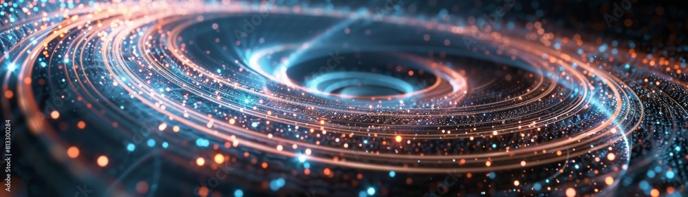 Poster colorful glowing spiral of energy. abstract digital background with dynamic particles.