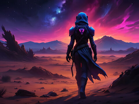 Science Fiction Cyberpunk Girl in a Fantasy Landscape