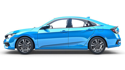 Passenger blue car isolated on a white background, with clipping path, Full Depth of field, Focus stacking, side view