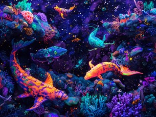 Underwater world. Tropical fishes among bright corals. Glowing neon colors.